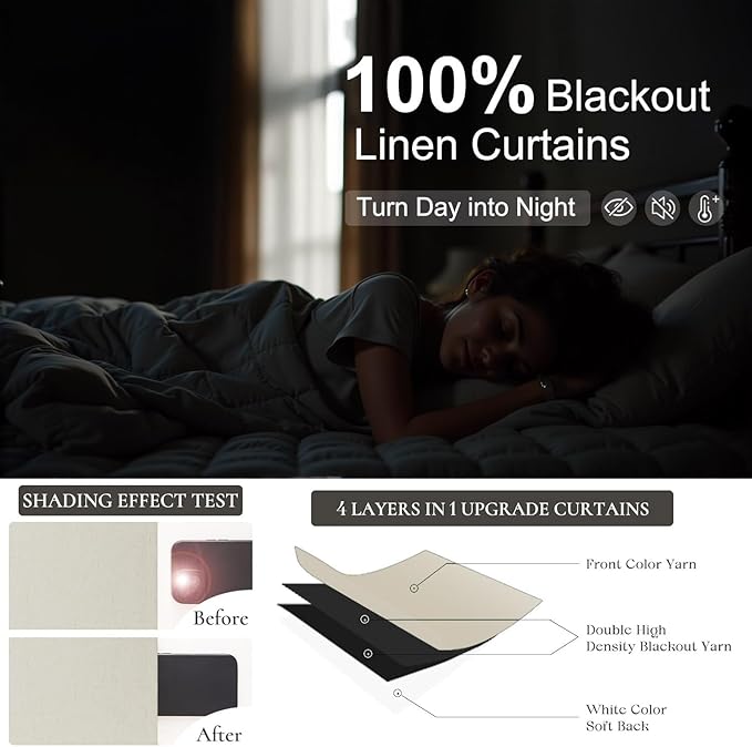 Flax Linen Blackout Living Room Curtain 84 Inch Long 2 Panel Tan Beige Black Out Burlap Farmhouse Insulated Thermal Curtain for Summer Heat Nursery Room Darkening Drapes Bedroom Back Tab 52x84 Length