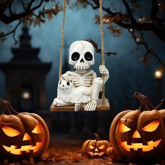 Halloween Resin Skeleton Swing Ornament - Animated Skeleton with Black Cat Figure, Hanging Decor for Tree Wall Garden - Spooky Fun Festival Decor Prop