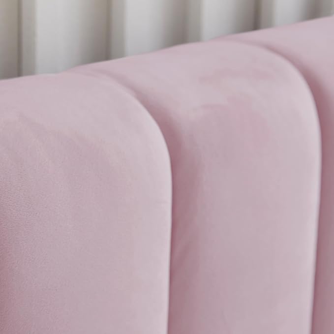 Livinia King Size Elton Velvet Platform Bed, Upholstered Bed Frame with Vertical Channel Tufted Headboard Footboard, Strong Wood Slats, No Box Spring Needed, Pink (King)