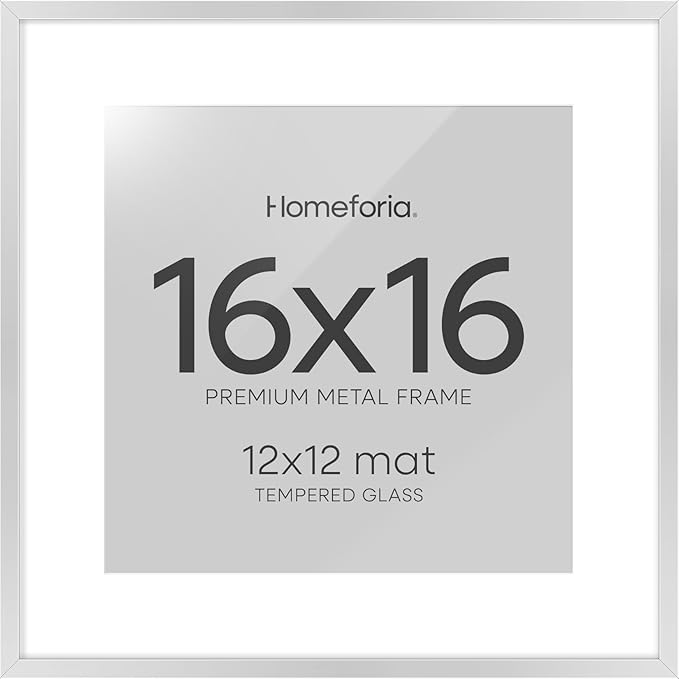 Homeforia 16x16 Silver Picture Frame, High End Metal 16 x 16 Square Frame with Mat 12 x 12 Photo, 16x16 Poster Frames Matted to 12x12 Print, 16 by 16 Hanging Frames, Tempered Glass, Wall Kit, Set of 1