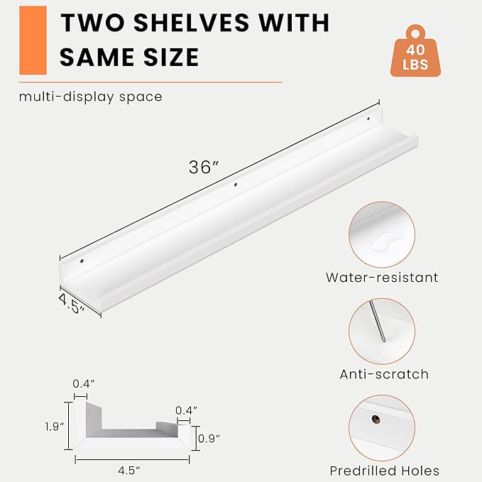 Heimlove Picture Ledge Shelf, Floating Shelves Set of 2, 36 Inches Picture Shelf for Wall with Ledge, Kids Bookshelf Wall Mounted for Living Room Bedroom Decor Books Photo Frames - White