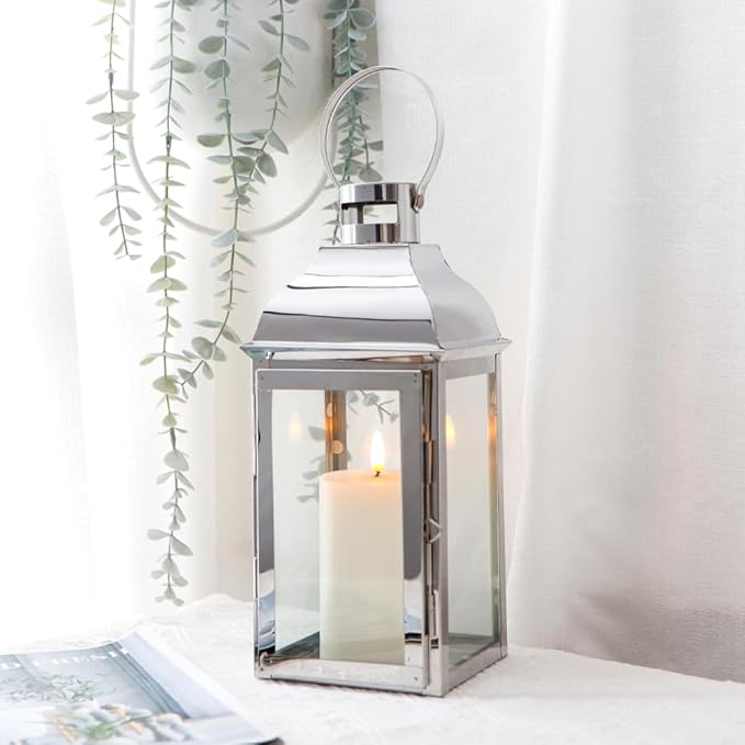 JHY DESIGN Silver Decorative Lanterns 12.5''High Stainless Steel Candle Lanterns with Tempered Glass for Indoor Outdoor Events Parities and Weddings Vintage Style Hanging Lamps