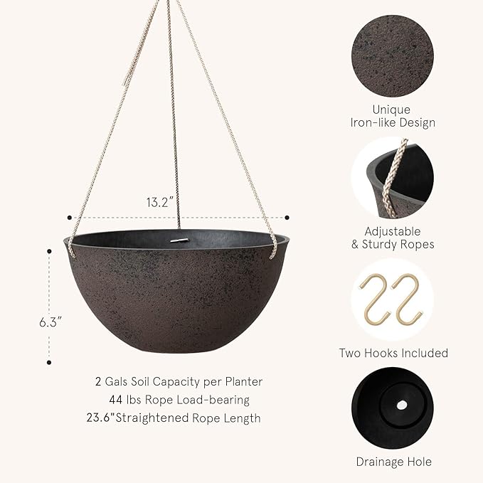 LA JOLIE MUSE Large Hanging Planters - 13 Inch Flower Pots Outdoor Indoor, Hanging Garden Planters Set of 2, New Iron Color