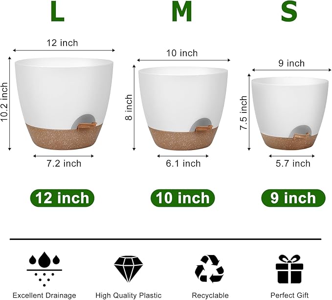 Plant Pots 12/10/9 Inch Self Watering Pots, Set of 3 Plastic Planters with Drainage Holes and Saucers,Plastic Flower Pots,Nursery Planting Pot for Indoor Out Door Plants(White)