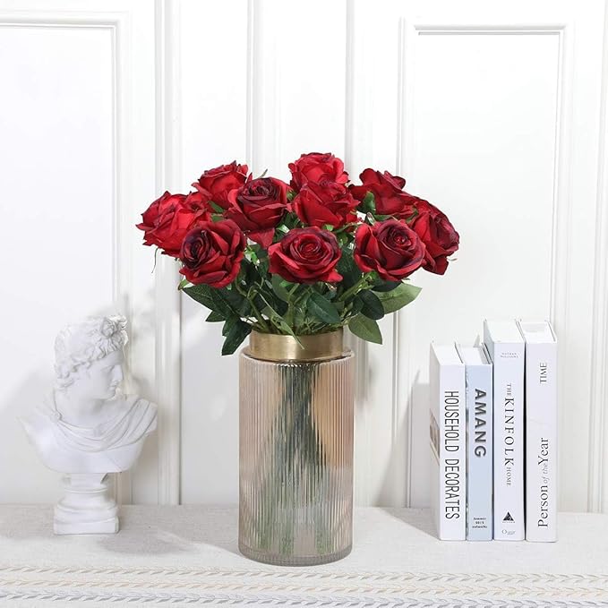 Burgundy Fake Roses Artificial Flowers - 16 Pcs Fake Artificial Roses Silk Flowers with Stems for Home Wedding Hotel Office Centerpiece Decor（Burgundy）
