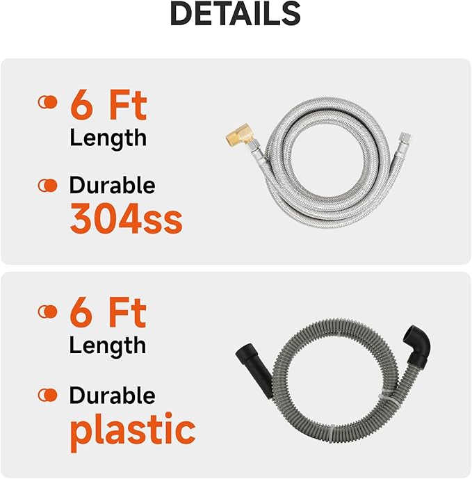 Roastove Universal Dishwasher Installation Kit,6 Ft Stainless Steel Dishwasher Hose,Burst Proof Water Supply Line with 3/8" Compression Connections,With a 6 feet drain hose and a clamp, one set