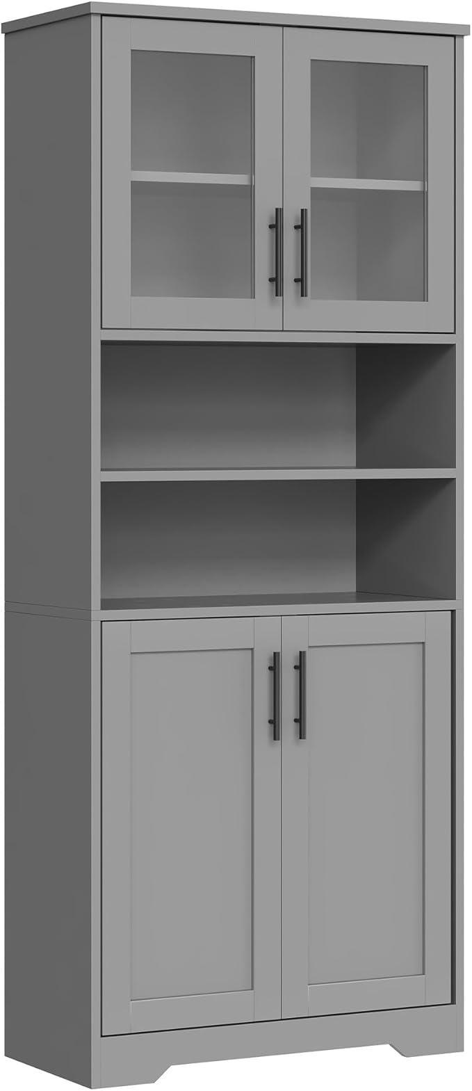 GarveeHome 67" Tall Storage Cabinet, Tall Bathroom Cabinet with Glass Doors and Adjustable Shelves, Freestanding Kitchen Pantry Cabinets, Cupboard for Living Room, Dining Room, Gray