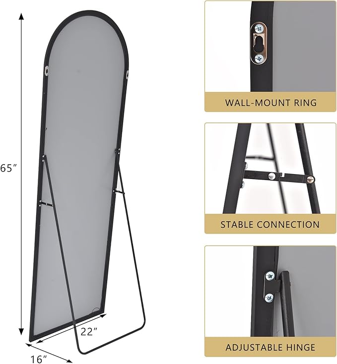 BEAUTYPEAK 64"x21" Arch Full Length Mirror, Hanging or Leaning Arched-Top Full Body Mirror with Stand for Bedroom, Dressing Room, Black