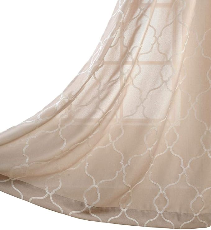 MIUCO Moroccan Embroidered Semi Sheer Curtains Faux Linen Grommet Curtains for Kitchen 52 x 84 Inch 2 Panels, Linen