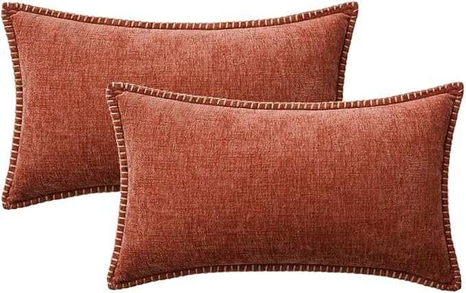 MIULEE Pack of 2 Fall Couch Throw Pillow Covers 12x20 Inch Burnt Orange Farmhouse Decorative Pillow Covers with Stitched Edge Soft Chenille Solid Dyed Pillow Covers for Sofa Bed Living Room