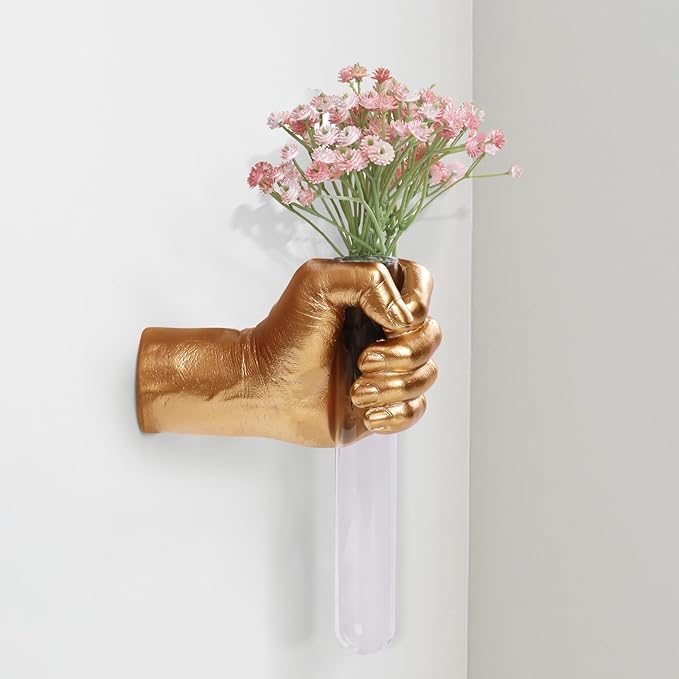 Gold Wall Sculptures, Hand Vases Home Decor, Wall Mount Art Sculpture, Unique Wall Art Statue, Funky Flower Vase Decorations, Modern Eclectic Hanging Decor,Glass Test Tube Vase