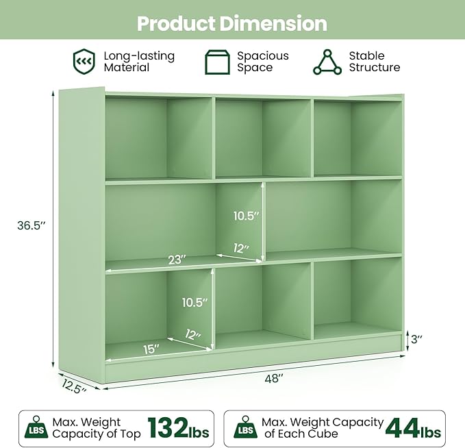 Tangkula 8-Cube Bookcase, Wood 3 Tier Open Storage Bookshelf, Modern Multipurpose Display Cabinet for Living Room, Study, Reading Nook, 48 x 12.5 x 36.5 Inch (Green)