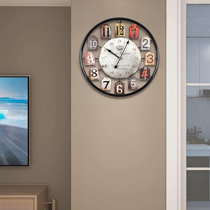 Large Wall Clock Separate Retro Dial Decorative Silent Non Ticking 20 Inch Big Vintage Farmhouse Clocks for Living Room,Black Metal Frame