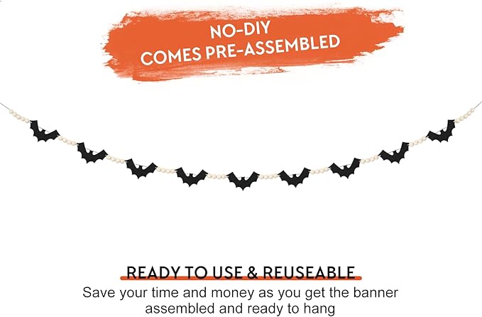 Halloween Decorations Garland, Felt Bats Halloween Decor Banner with Wood Beads for Fireplace Mantel Walls Home Indoor