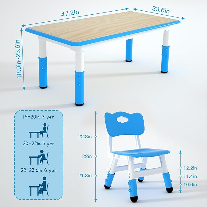 Kids Study Table and 6 Chairs Set,Height Adjustable Table and Chairs for Children and Toddlers,47.2"X23.6"Graffiti Desktop,Suitable for Daycare,Classrooms, Home