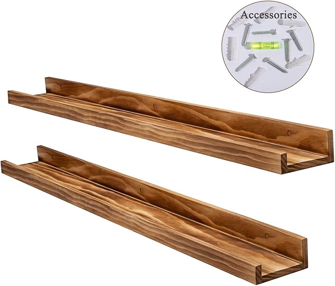 AZSKY 24" Floating Wall Ledge Shelf Wood Picutre Shelf Wall Mounted Nursery Kids Bookshelf Spice Rack Bathroom Storage Shelves Display Organizer Set of 2