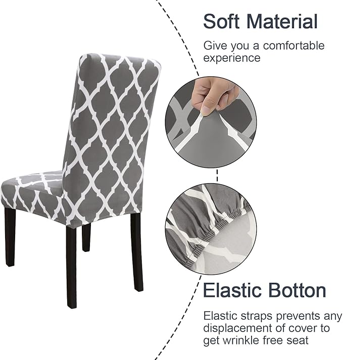 JQinHome Chair Covers for Dining Room 6 Pack, High Stretch Removable Washable Parsons Chair Slipcover for Home Party Hotel Wedding Ceremony (Grey White)