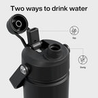 Kids Insualated Water Bottle with Straw - 12oz Stainless Steel Water Bottle with Dual Spouts, Leak-Proof, BPA-Free, Double Wall Vacuum Keeps Cold for 24 Hours for Sports, Travel, School (Black Night)