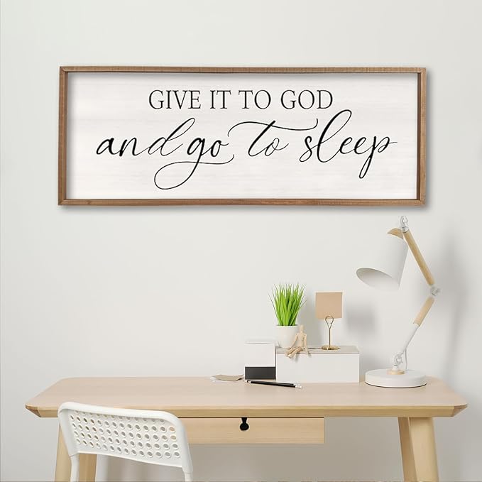 comurdyo Give It To God And Go to Sleep Sign 40''×15'' Master Bedroom Above Bed Wall Decor Wood Framed Couple Large Farmhouse Guest Room Rustic Simple Over Bedside Wall Art Hanging Decor (Wood)