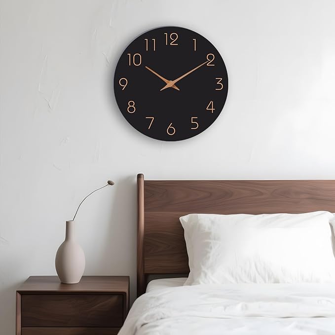 Mosewa Large Wall Clock 16 Inch Black Battery Operated Silent Non Ticking Simple Minimalist Rose Gold Numbers Clock Decorative for Bedroom Living Room Kitchen Home Office