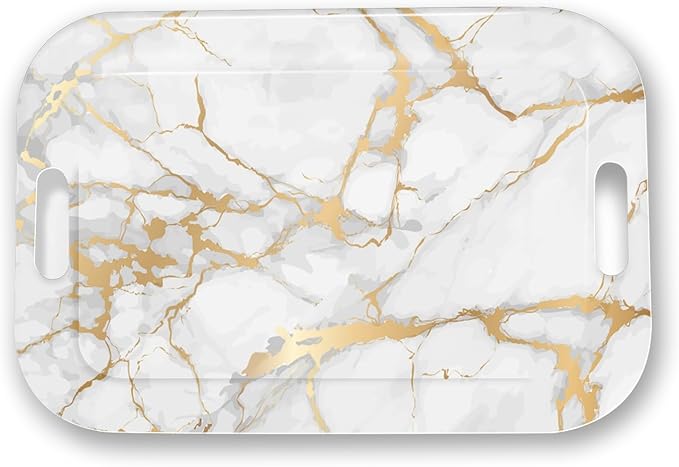 Serving Trays with Handles, 14.5 x 9.8 inch Rectangular Plastic Tray for Restaurant, Kitchen, Golden White Marble