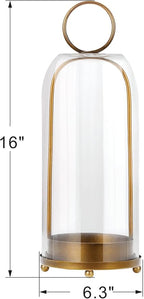 16" High Versatile Modern Metal Hurricane Lantern with Handmade Sturdy Glass Dome for Pillar Candle & Plants (Brass, 6.3"x16.5")
