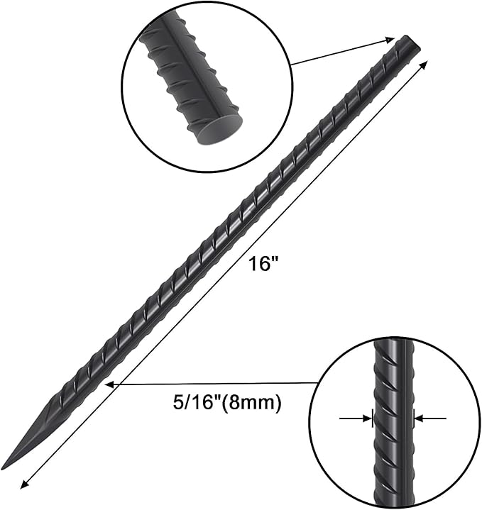VVOKGO Rebar Stakes 16 Inches Ground Concrete Form Stakes (24pcs), Straight Metal Spikes Heavy Duty with Chisel Point End, 5/16" Diameter Steel Anchors for Fence, Concrete Timber, Garden Plants, Black