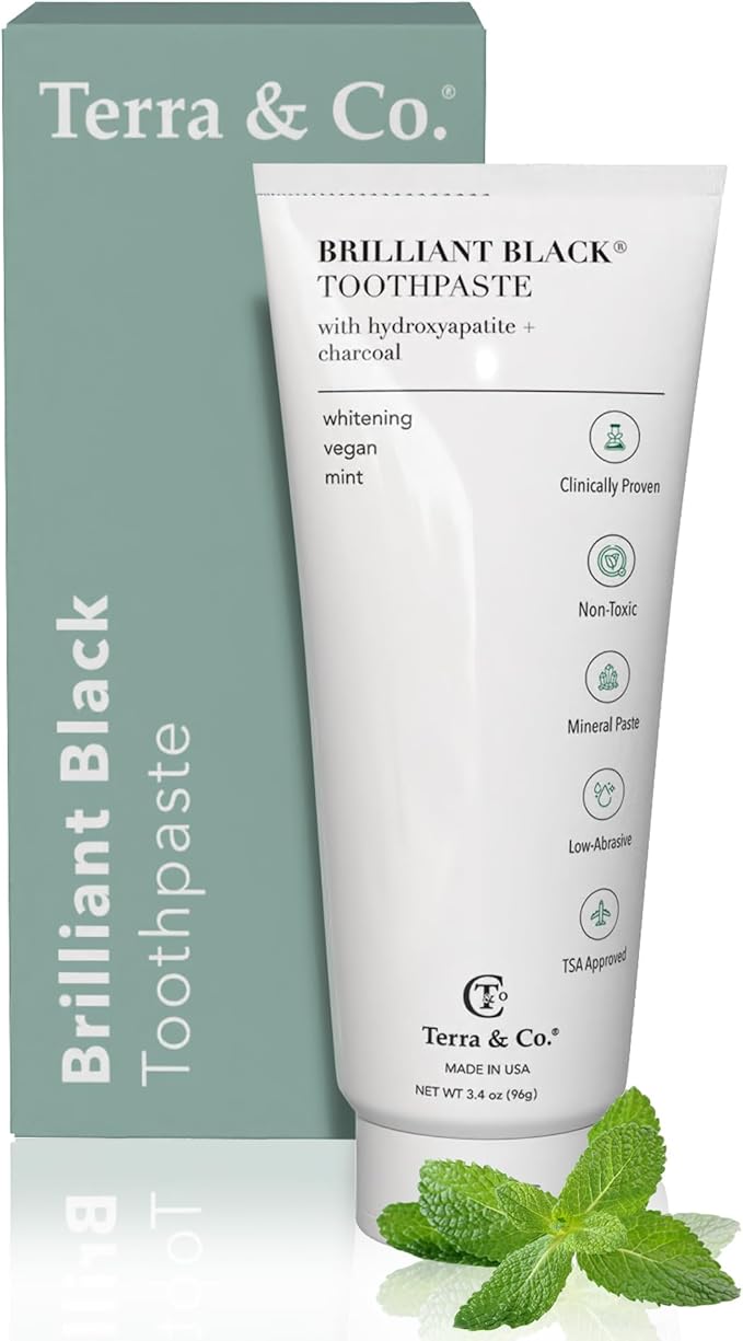Terra & Co. Brilliant Black Hydroxyapatite Toothpaste for Whitening Teeth – USA-Made - Natural Remineralizing Toothpaste, Fluoride-Free, Vegan, SLS-Free, Low Abrasion – Mint, 3.4 oz