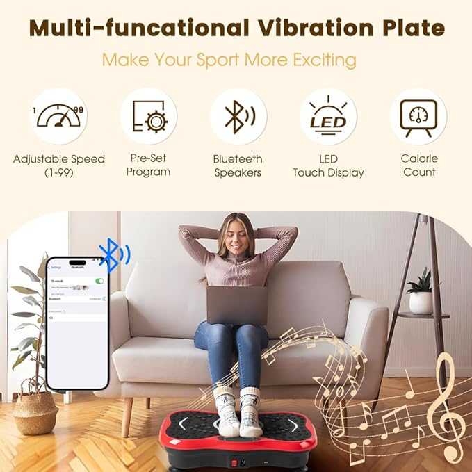 Vibration Plate Exercise Machine for Whole Body Workout - Home Fitness Vibrating Platform with Resistance Bands - Improve Circulation, Muscle Tone & Bone Density - Supports Up to 330 lbs