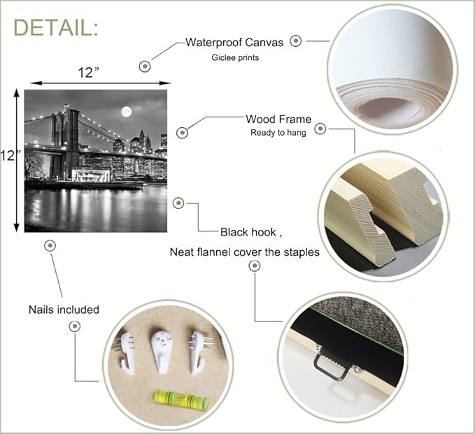 LevvArts Black and White City Wall Art Modern Brooklyn Bridge Picture Prints US Cityscape Canvas Artwork for Bedroom Home Decor