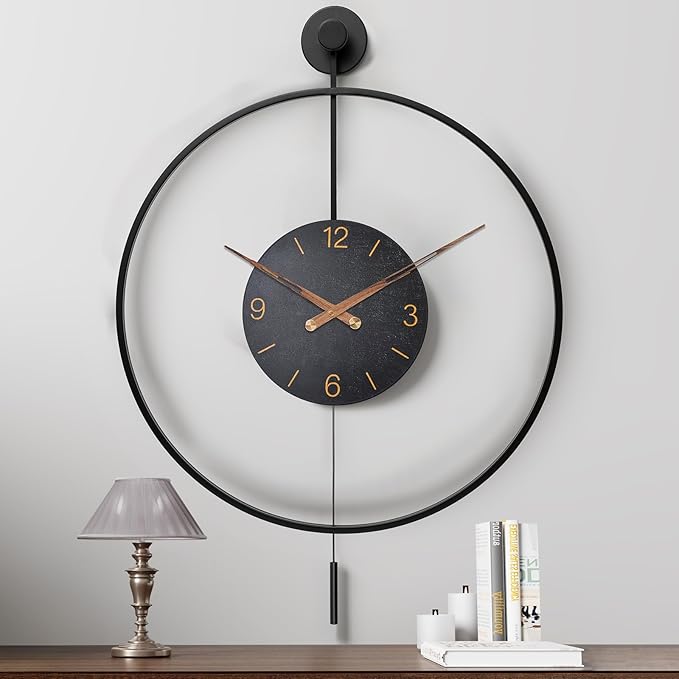 Large Modern Wall Clock,34.6×24 Inch Big Metal Minimalist Arabic Numeral Dial,Decorative Farmhouse Pendulum Wall Clocks with Walnut Pointers forLiving Room Decor, Office,Dining Room