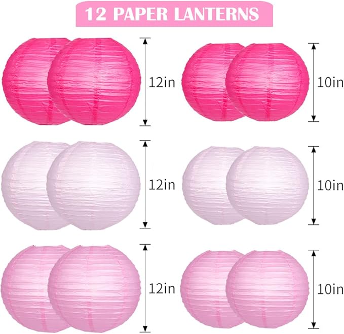Paper Lanterns Decorative, Pink Hanging Round Chinese Lanterns with Lights for Engagement Bachelorette Birthday Party 12 LED Light Pack of 12