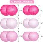 Paper Lanterns Decorative, Pink Hanging Round Chinese Lanterns with Lights for Engagement Bachelorette Birthday Party 12 LED Light Pack of 12