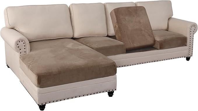 PrinceDeco Sectional Couch Covers 4 Pieces Couch Covers for Sofa Velvet Separate Couch Cover L Shape for Left/Right Chaise(3 Seater + 1 Chaise,Taupe)
