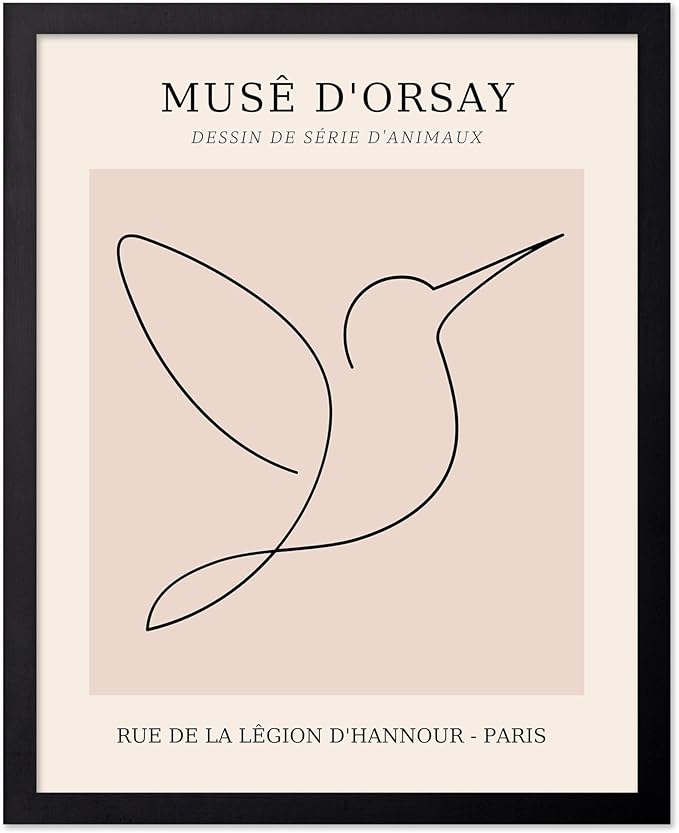 Poster Master Vintage Poster - Retro One Line Hummingbird Drawing Print - Bird Line Art - Minimal Gift for Him, Her, Animal Lover - Abstract Decor for Home, Office, 8x10 Black Framed