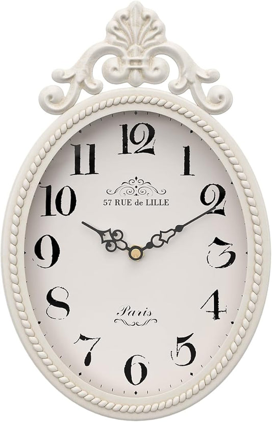 Abdurey Small French Retro Decorative Wall Clock, Ivory White Vintage Oval Style,Silent Battery Operated Boho Decor Wall Clocks for Farmhouse,Kitchen,Bedroom,Bathroom(10.4" H x 6.7" W)