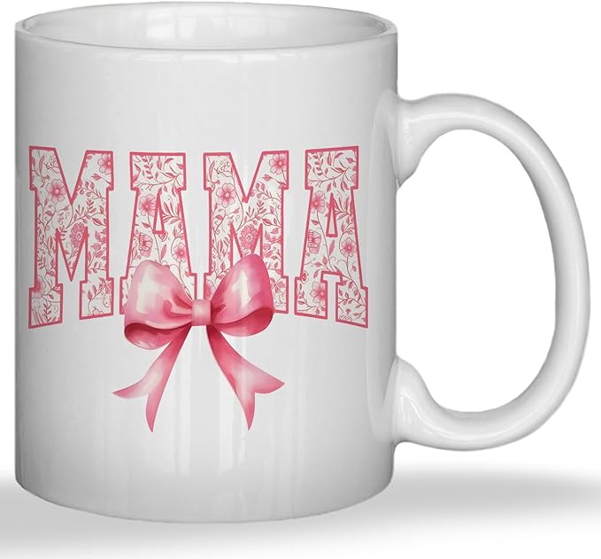 JINYO Coquette Pink Bow Floral Mama Mug, Mama Coffee Cup, Mother's Day Mugs Cups for Mom, Mom Birthday Gifts from Daughter Son, Ceramic Coffee Tea Mug 11 oz