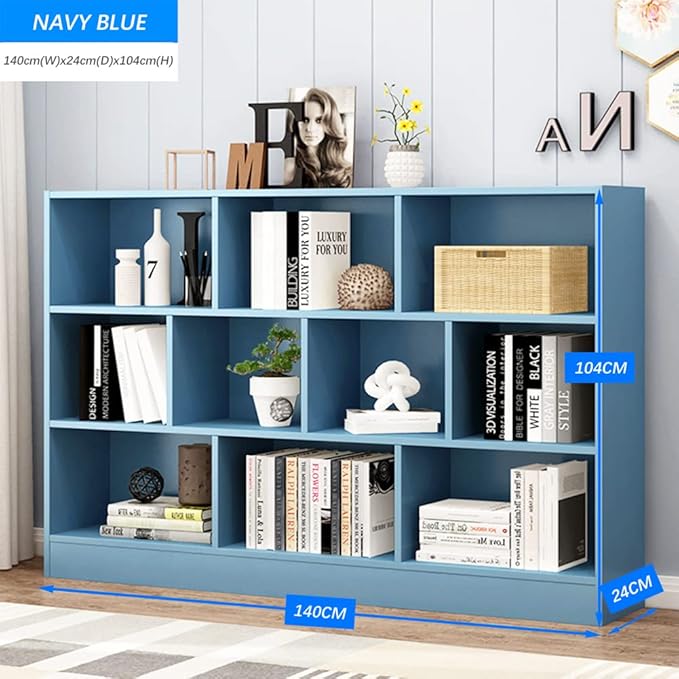 IOTXY Open Shelf Low Bookcase - Wooden 3-Tier Floor Standing Display Cabinet Organizer with Base, 10 Cubes Short Horizontal Bookshelf in Bright Blue