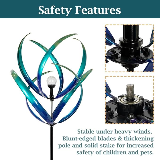 Outdoor Wind Spinners with Solar Light, 82'' Metal Large Spinner Yard Art, Peacock Blue Wind Sculptures for Garden Lawn Patio, Gifts for Family