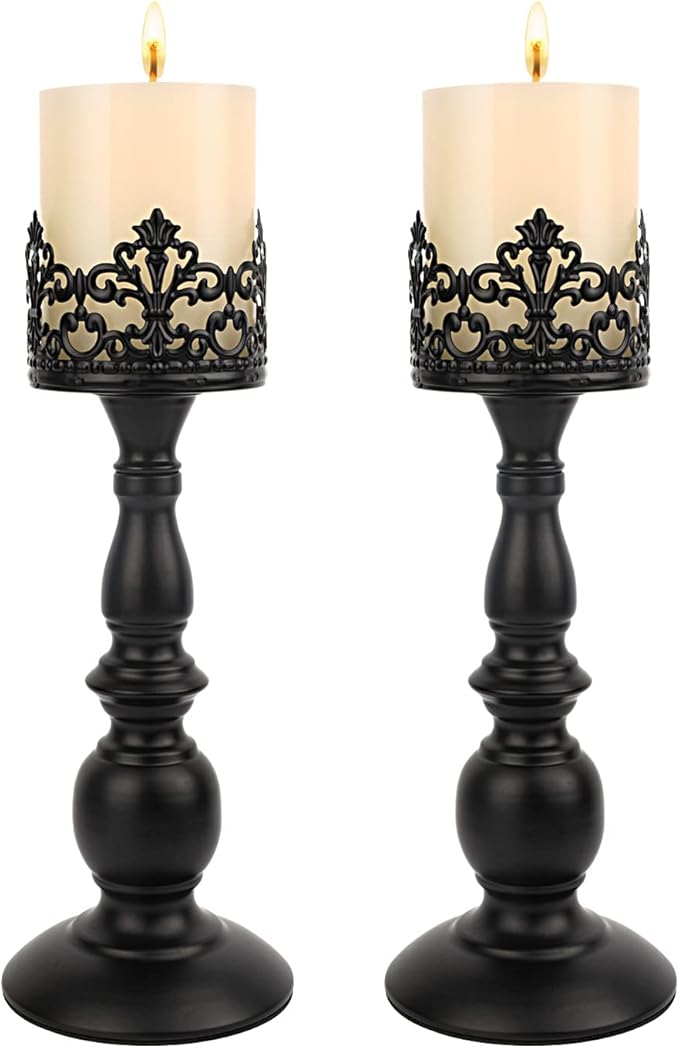 Candle Holders for Pillar Candles Gothic Matte Black Vintage Tall Candle Holders Set of 2 Decorative Large Table Centerpieces Candle Stand Decor (Black 2PCS A)