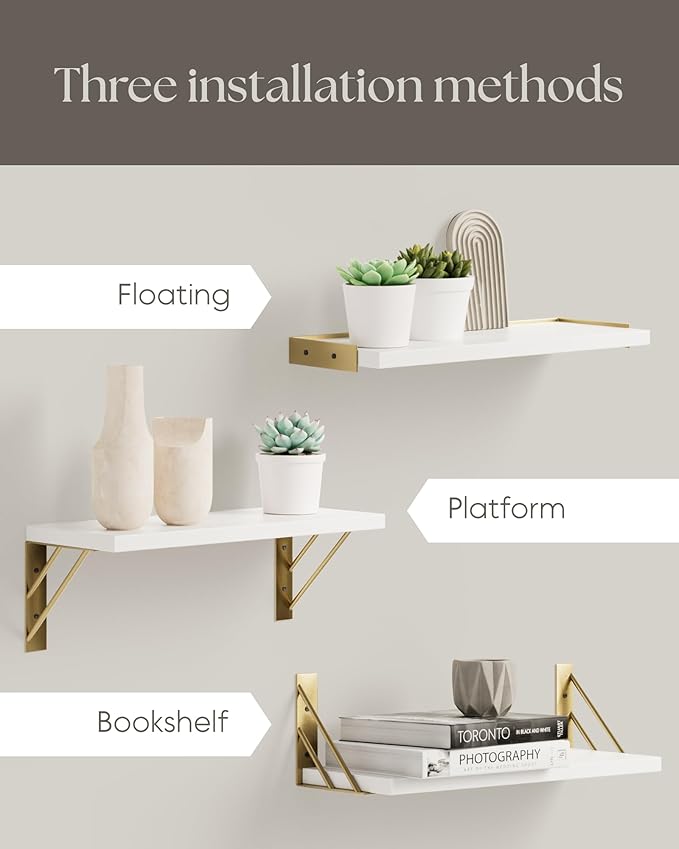 BAYKA Wall Shelves for Bedroom Decor, Floating Wall Shelves for Living Room Kitchen Storage, Wall Mounted Rustic Wood Shelves for Kids Books,Corner Shelves for Bathroom(White and Gold，Set of 3)