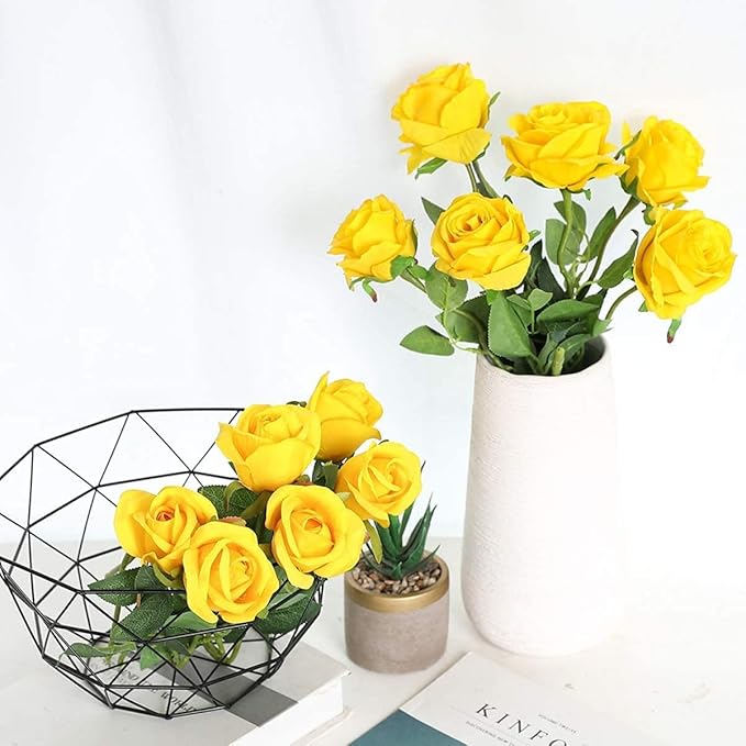 Yellow Fake Roses Artificial Flowers - 10 Pcs Fake Artificial Roses Silk Flowers with Stems for Home Wedding Hotel Office Centerpiece Decor