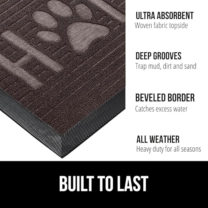 GORILLA GRIP 100% Waterproof All-Season WeatherMax Doormat, 47x35, US Designed Natural Rubber, Stain and Fade Resistant, Low Profile Indoor Outdoor Door Mats, Easy Clean Patio Mat, Espresso Home Paw