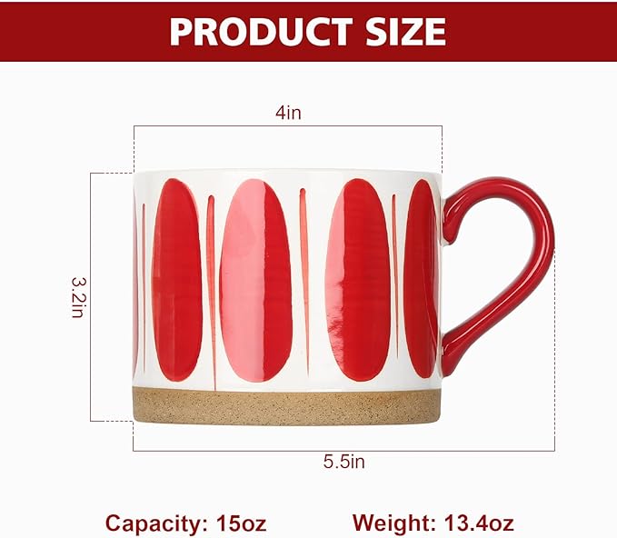 Koja Hand Painted 15 oz. Porcelain Ceramic Mugs Set. Service for 4. (Hand Painted - Red)