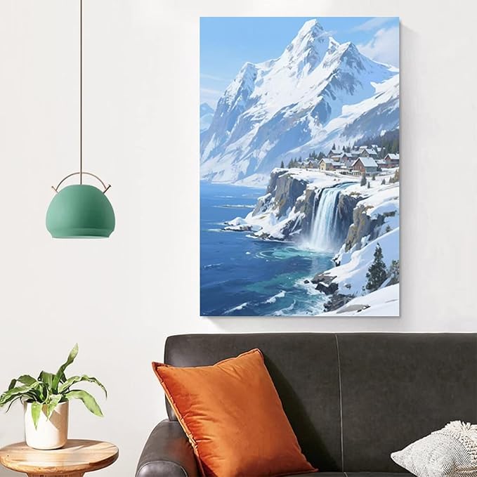 Winter lakeside town and snowy scenery merge together to form a landscape poster wall art suitable for living room bedroom and office