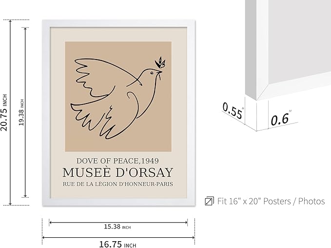 Poster Master Vintage Poster - Retro Minimalist Print - Gift for Artist, Friend - Dove Of Peace, Line Drawing, Sketch, Abstract - Wall Decor for Living Room, Bedroom, 16x20 White Framed