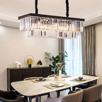 Modern K9 Crystal Chandelier Pendant Light Fixture, Rectangular Ceiling Lamp with 8-Lights for Dining Room & Kitchen, Finished in Chrome, L33.5 Inch