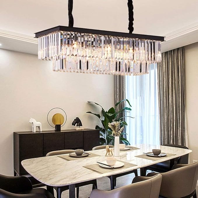 Modern K9 Crystal Chandelier Pendant Light Fixture, Rectangular Ceiling Lamp with 8-Lights for Dining Room & Kitchen, Finished in Chrome, L33.5 Inch