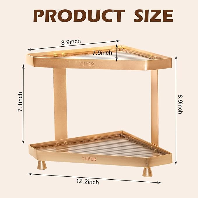 YUPER Bathroom Counter Organizer, 2-Tier Corner Bathroom Organizers and Storage, Makeup Storage Shelf Vanity Tray Perfume Organizer, Bedroom Corner Counter Storage Sink Shelf Gold