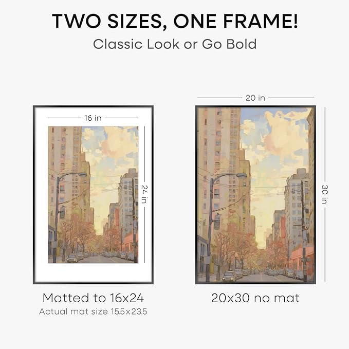 Homeforia 20x30 Poster Frame Black, High End Metal 20 x 30 Picture Frames with Mat 16 by 24 inch Photo, 30x20 Large Frame for Wall, 20x30 Thin Frame Matted to 16x24, Tempered Glass, Wall Kit, Set of 1